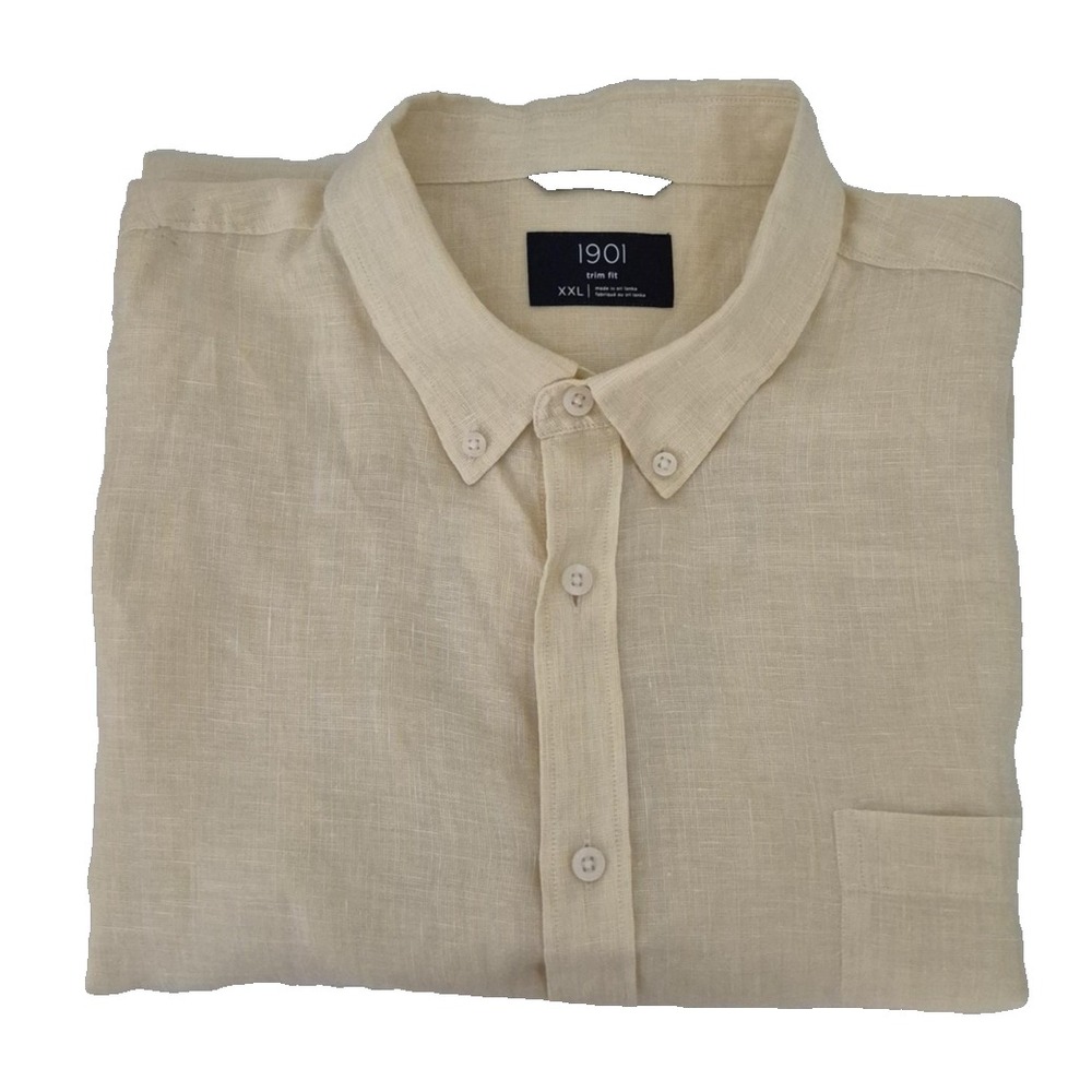 1901 Shirt Mens 2XL Yellow Linen Trim Fit‎ Short Sleeve Button Up Summer Pocket